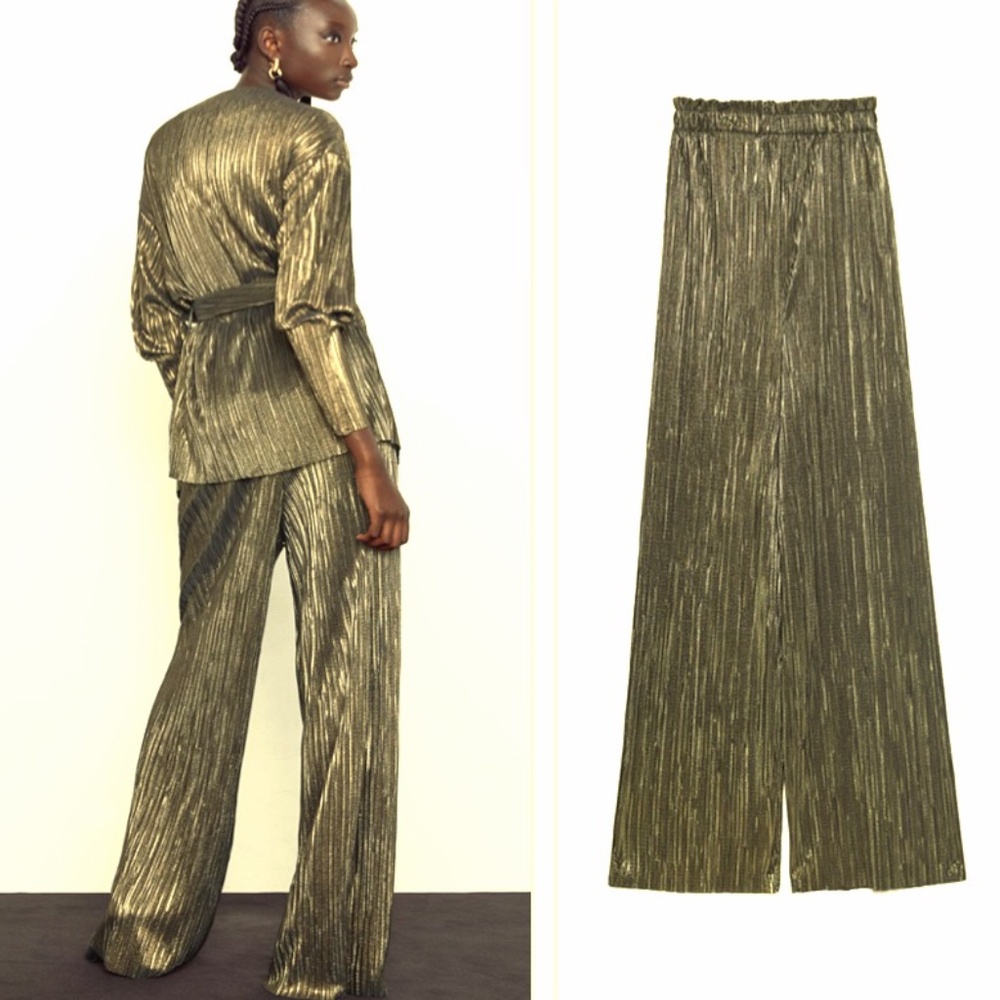 Zara Pleated Gold/Black Pants NWT - Picture 5 of 8